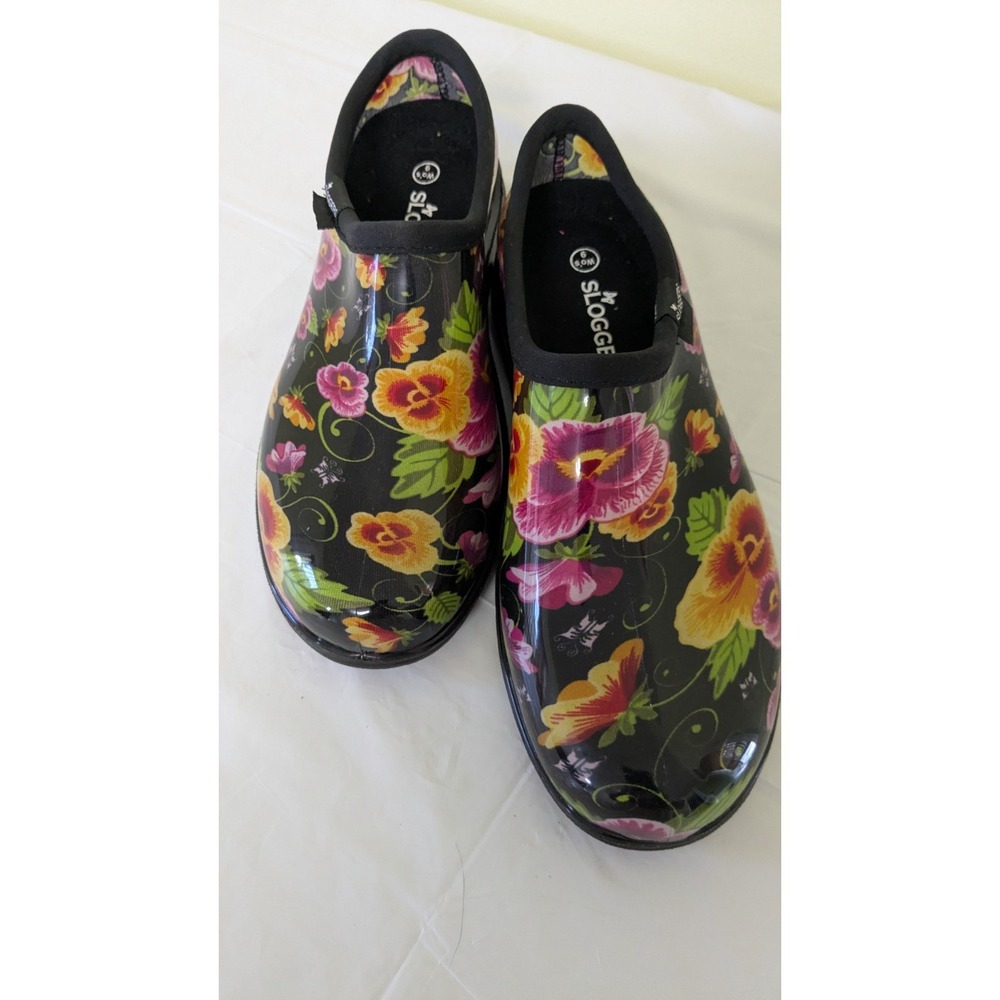 Sloggers Waterproof Rain & Garden Black Pansy Slip On Shoe Women's Size 9